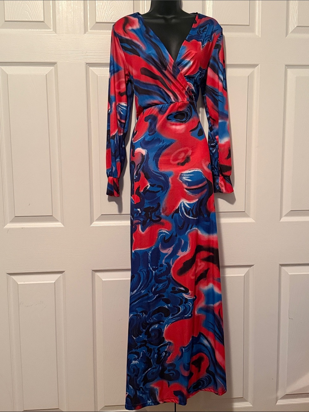 Vibrant Red & Blue Long Sleeve Wrap Maxi Dress